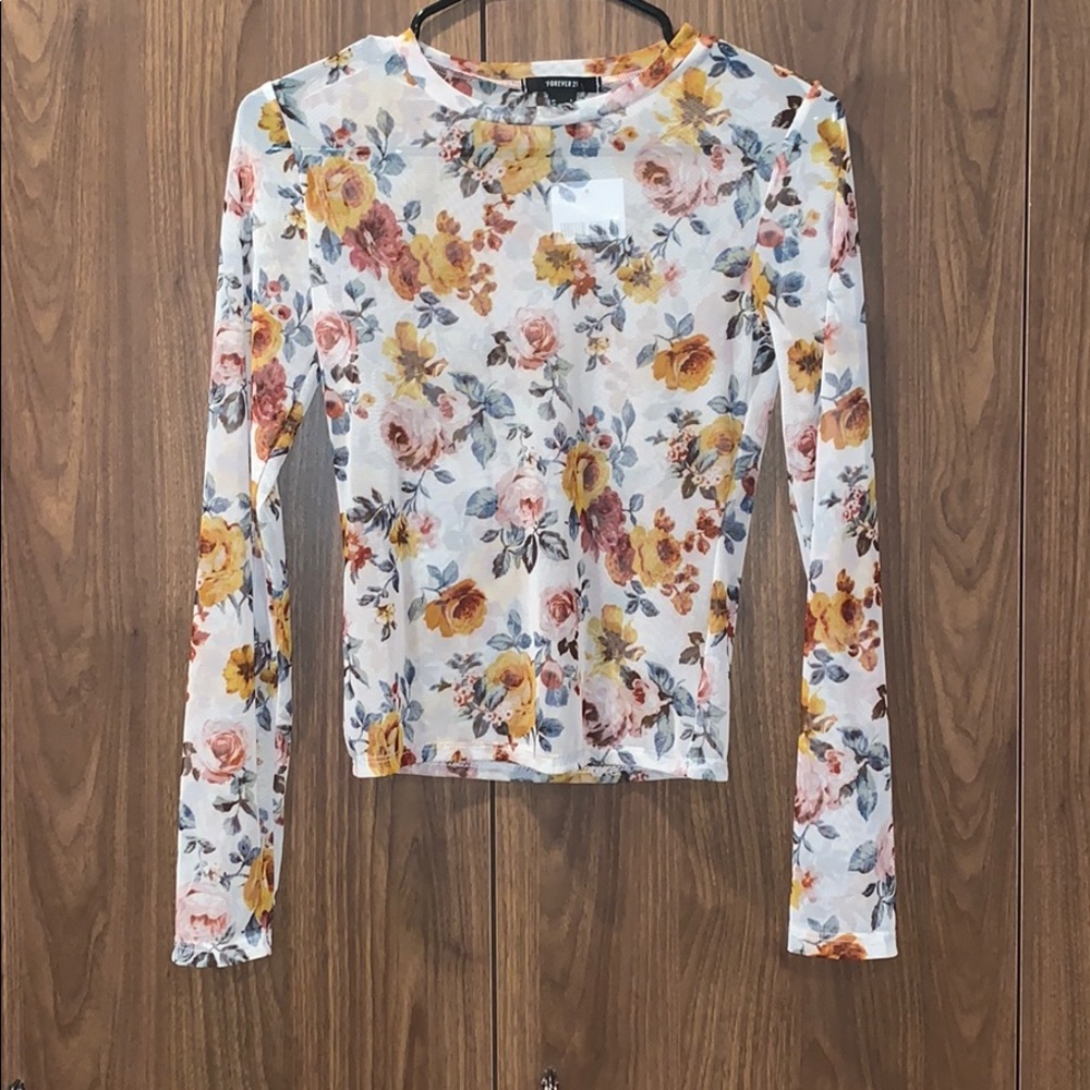 Forever 21 White Floral Sheer Mesh Long Sleeve Top